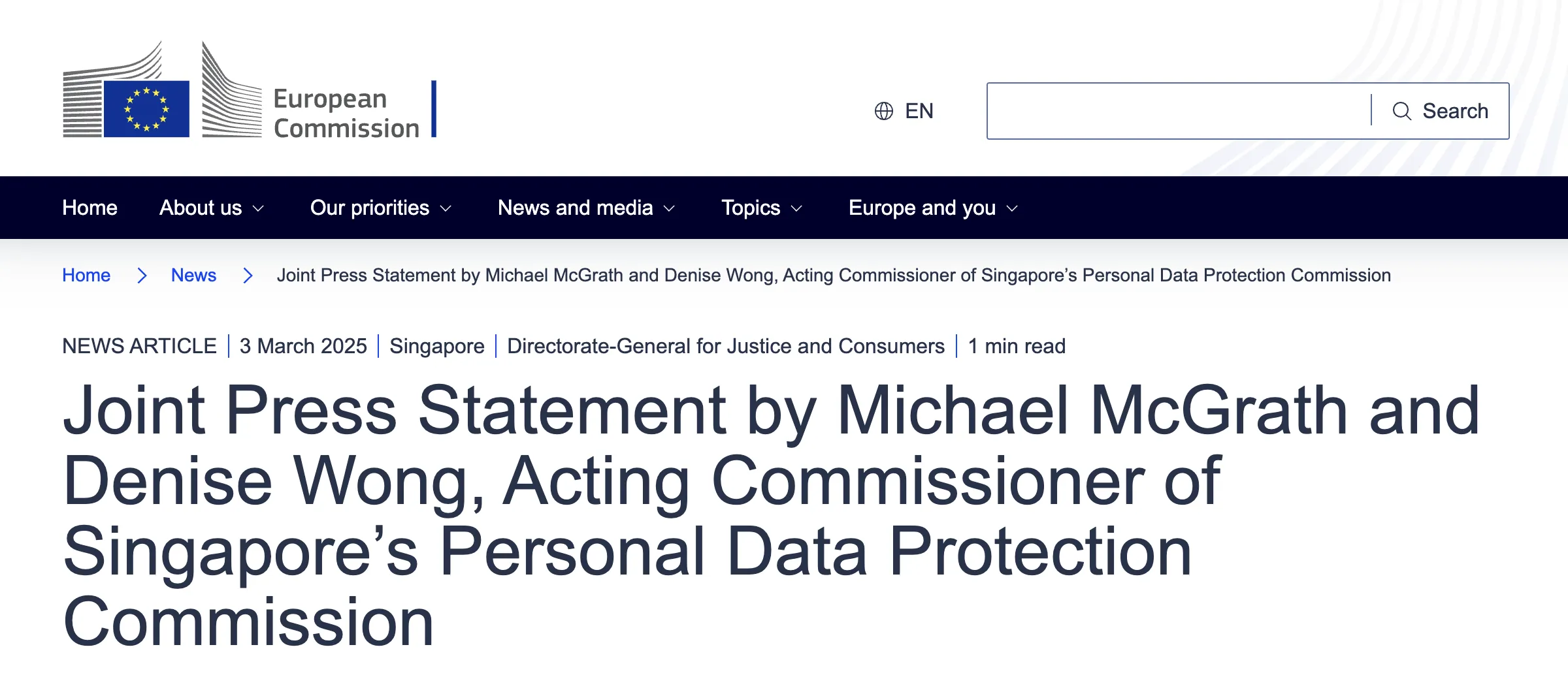 Joint Press Statement by Michael McGrath and Denise Wong, Acting Commissioner of Singapore’s Personal Data Protection Commission