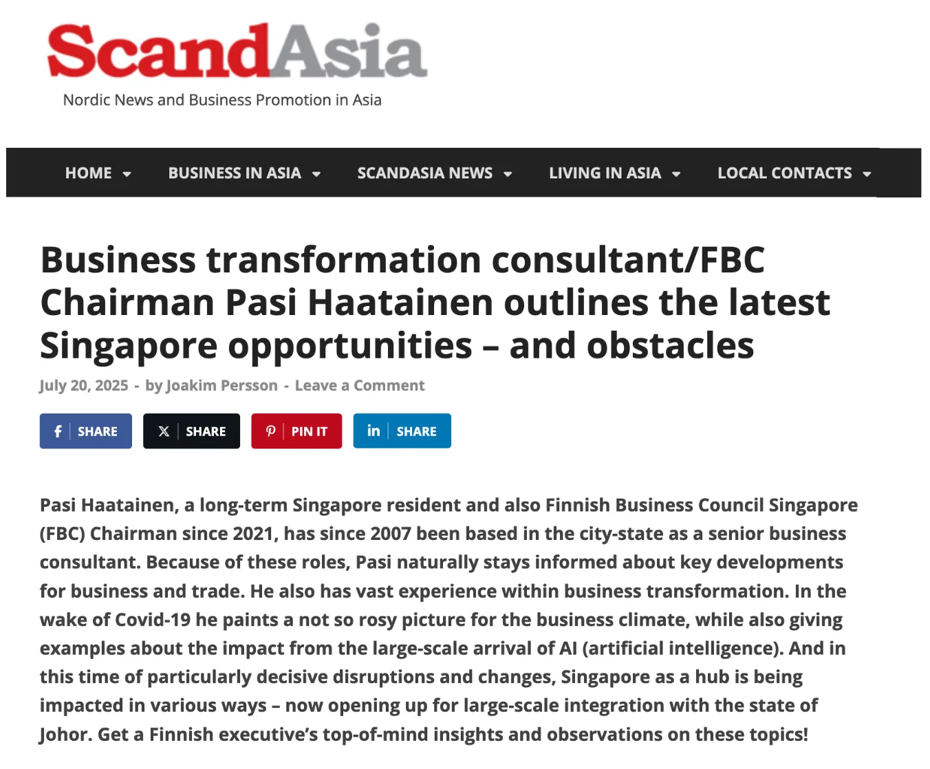 Business transformation consultant/FBC Chairman Pasi Haatainen outlines the latest Singapore opportunities – and obstacles